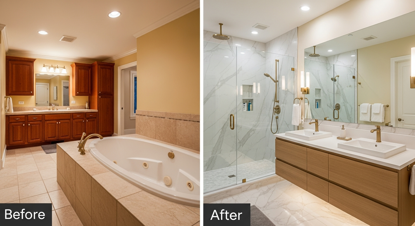 Before and after luxury master bathroom remodel over $50,000 showing transformation to spa-like retreat with marble and freestanding tub