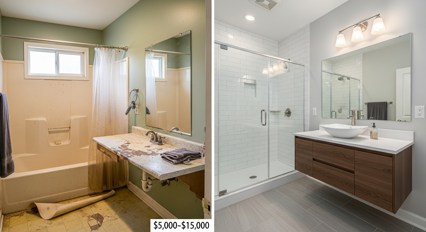Before and after mid-range bathroom remodel between $5,000 and $15,000 showing new tile, vanity, and fixtures