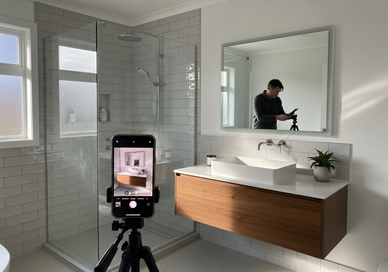 Person photographing a renovated bathroom with smartphone on a tripod to capture before and after comparison