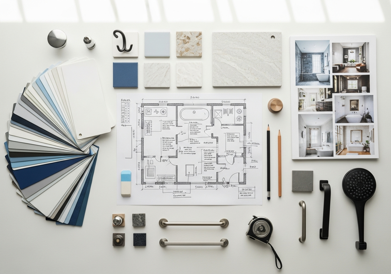 Bathroom remodel planning materials including tile samples, paint swatches, fixture finish samples, and floor plan sketch