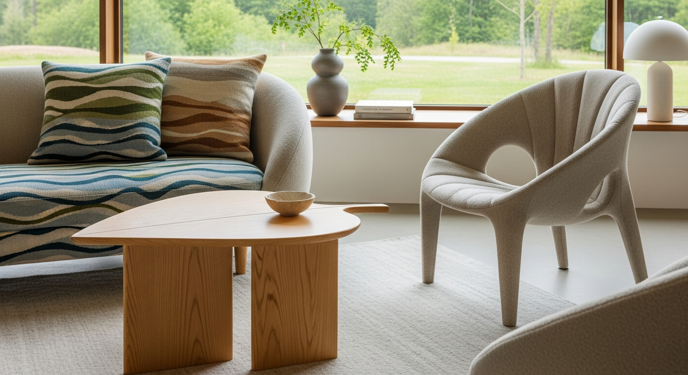 Furniture and decor featuring organic, nature-inspired biomorphic shapes and flowing natural forms