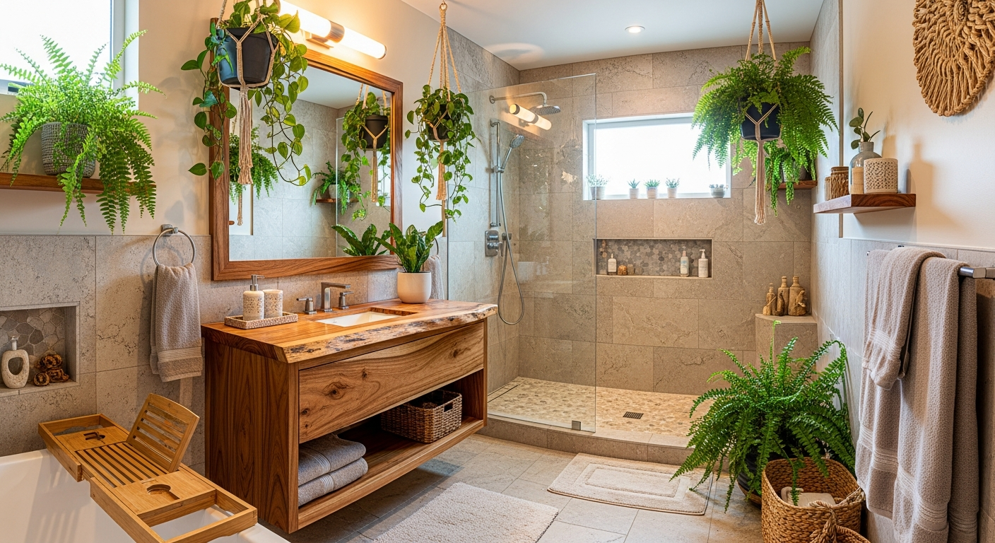 Spa-like biophilic bathroom featuring natural stone, lush plants, and warm wooden accents