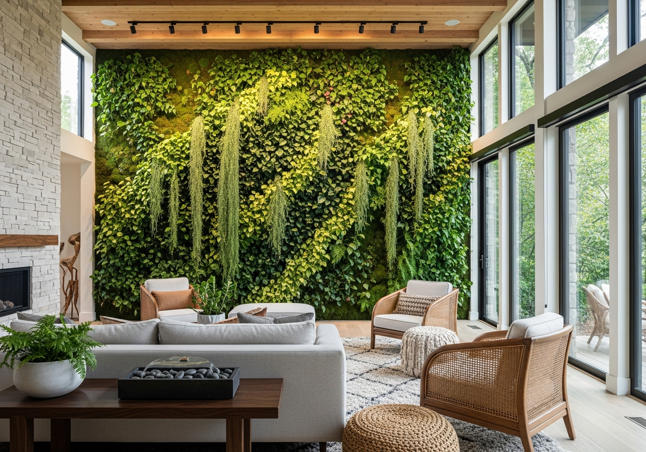 Living room with dramatic floor-to-ceiling living green wall, natural wood beams, and stone accents