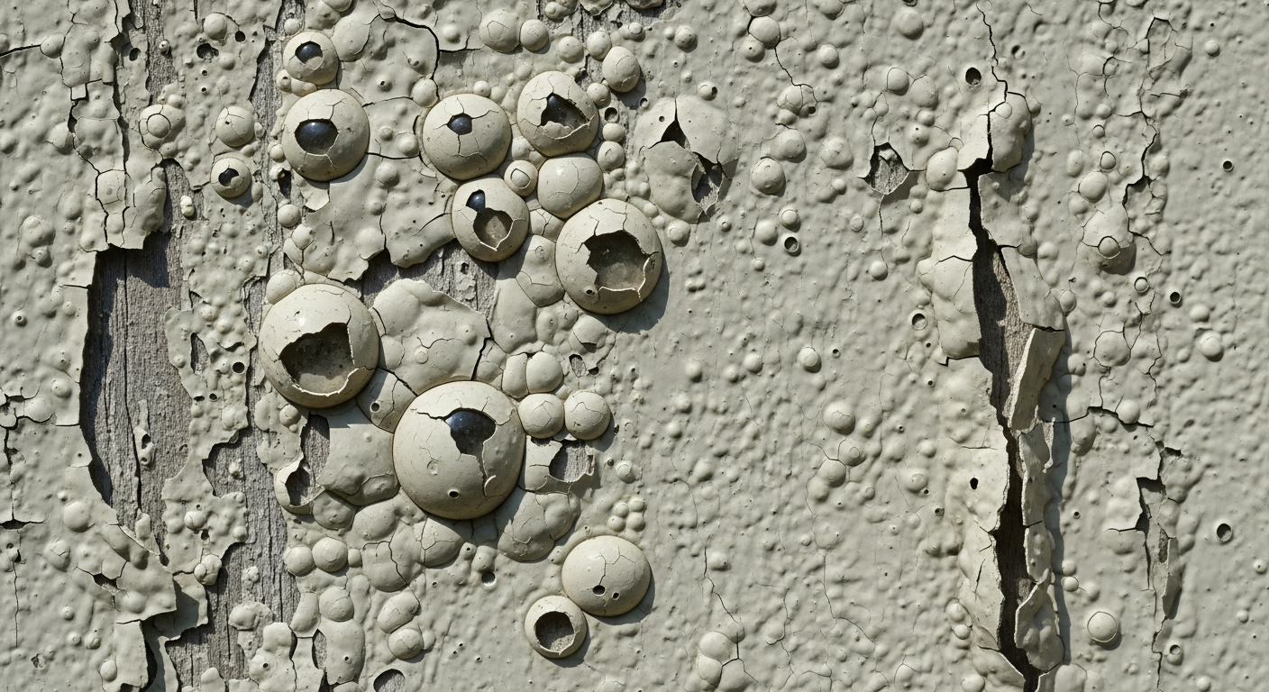Paint blistering from moisture on an exterior wall showing failure
