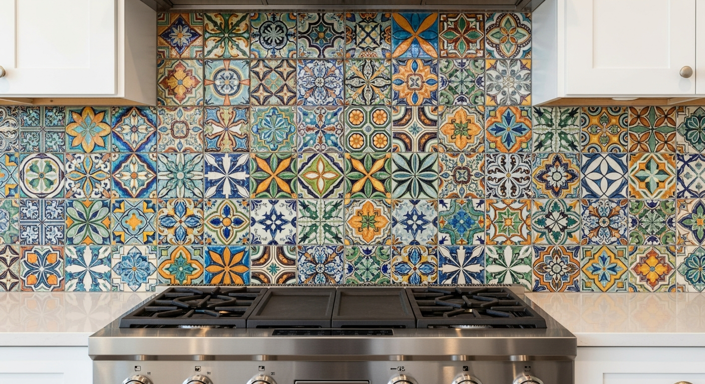 Kitchen with bold patterned backsplash tiles