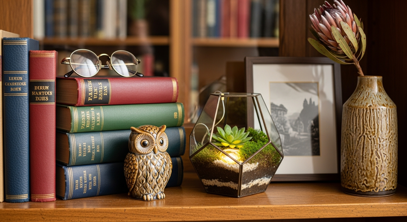 Close-up of bookshelf styling details with plants and objects