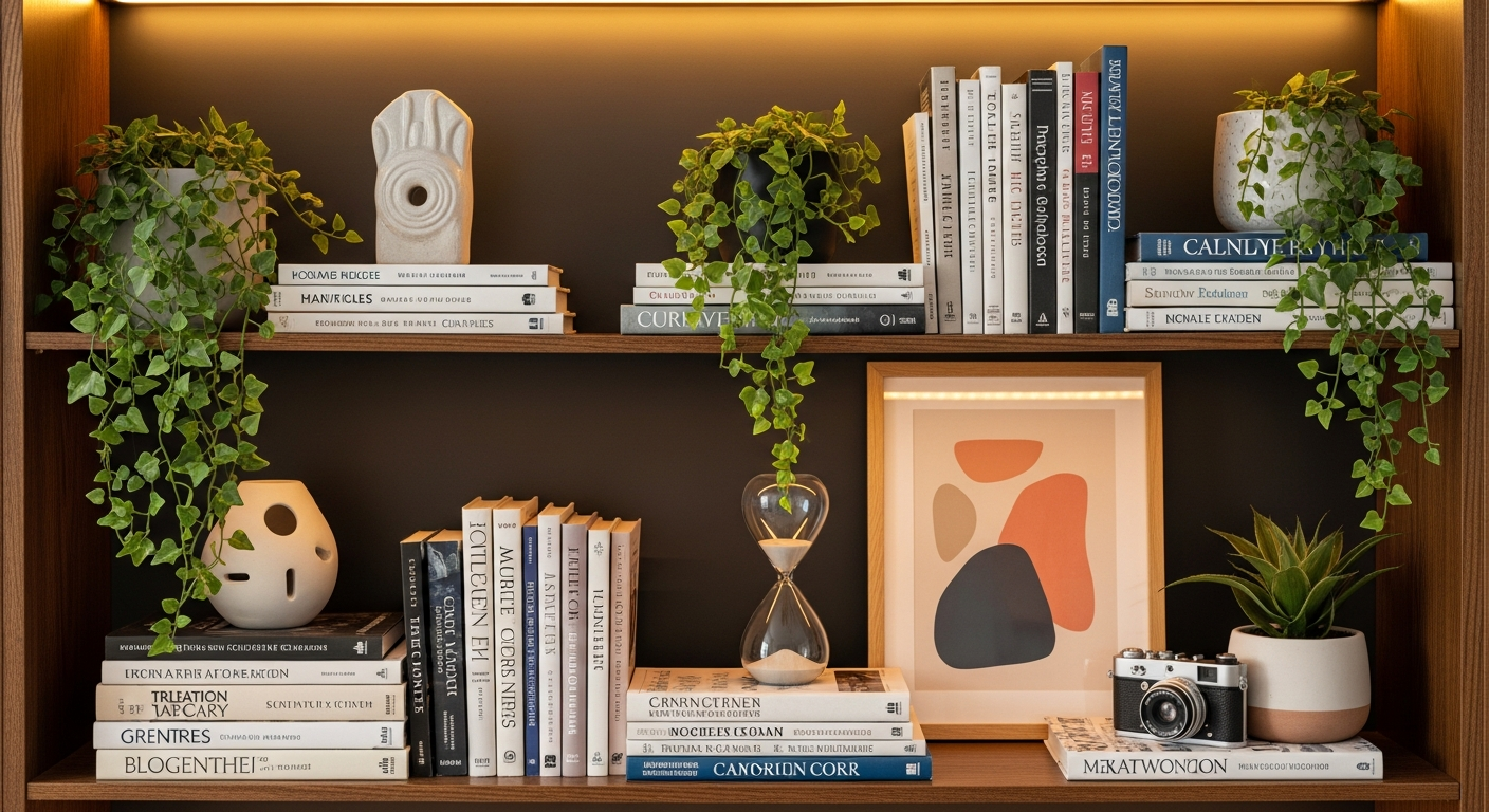 Well-styled bookshelf showing books, objects, and art arrangement