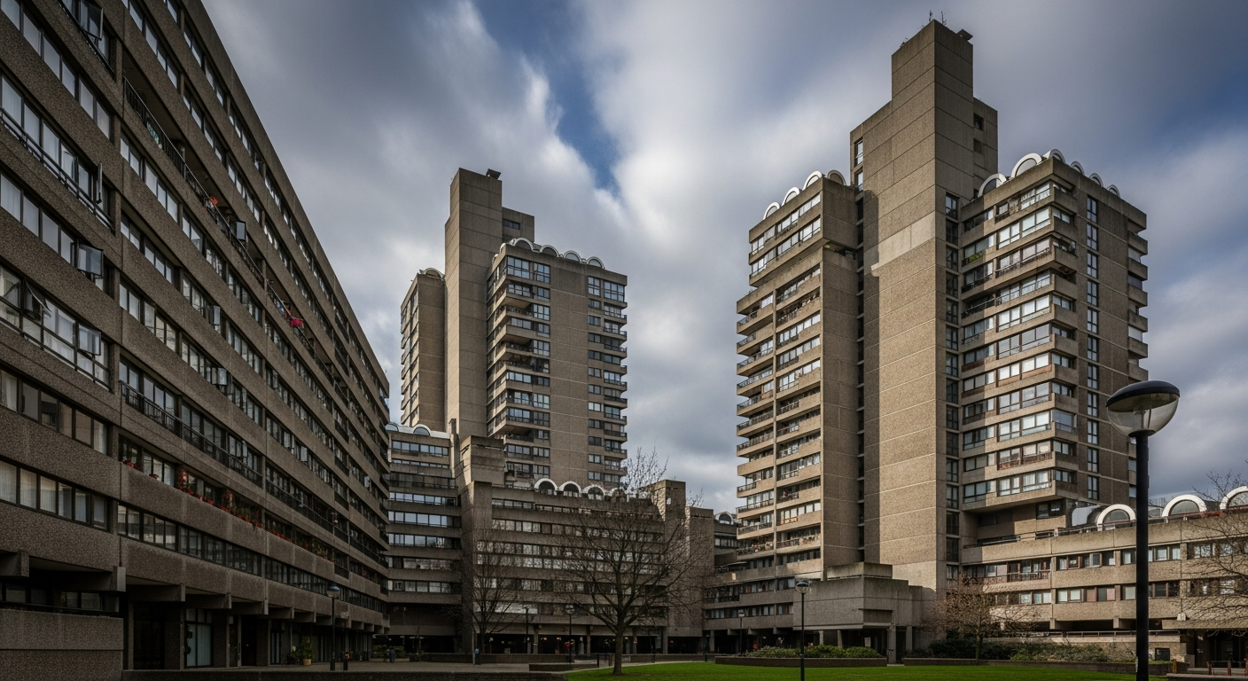The Barbican Estate in London showcasing classic brutalist architectural features with exposed concrete and geometric forms