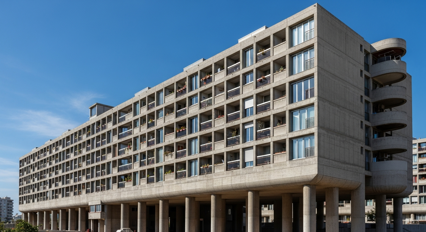Le Corbusier's Unité d'Habitation in Marseille featuring raw concrete and modular apartment units