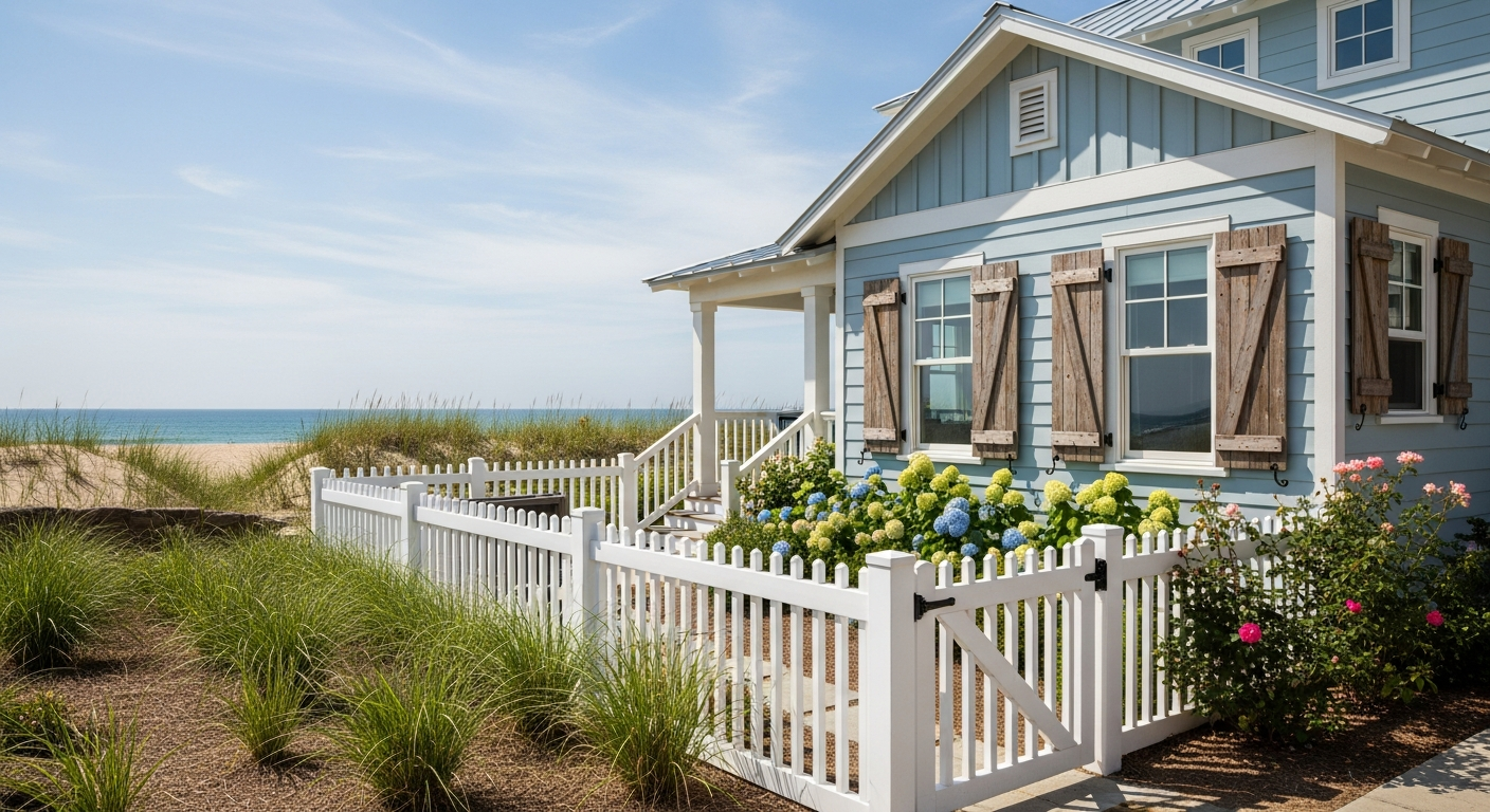 Beach house with soft blue and white color scheme showing coastal palette