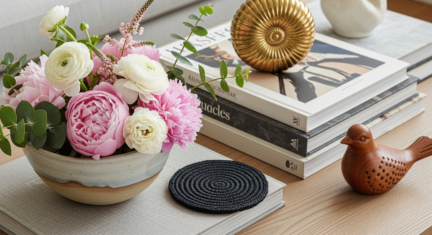 Coffee table styling details with flowers and objects