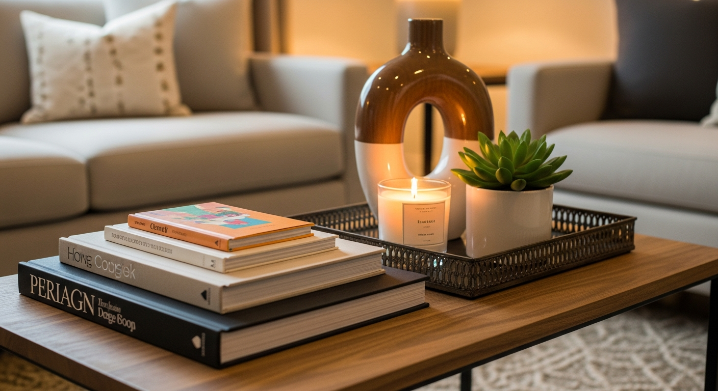Well-styled coffee table showing layered arrangement