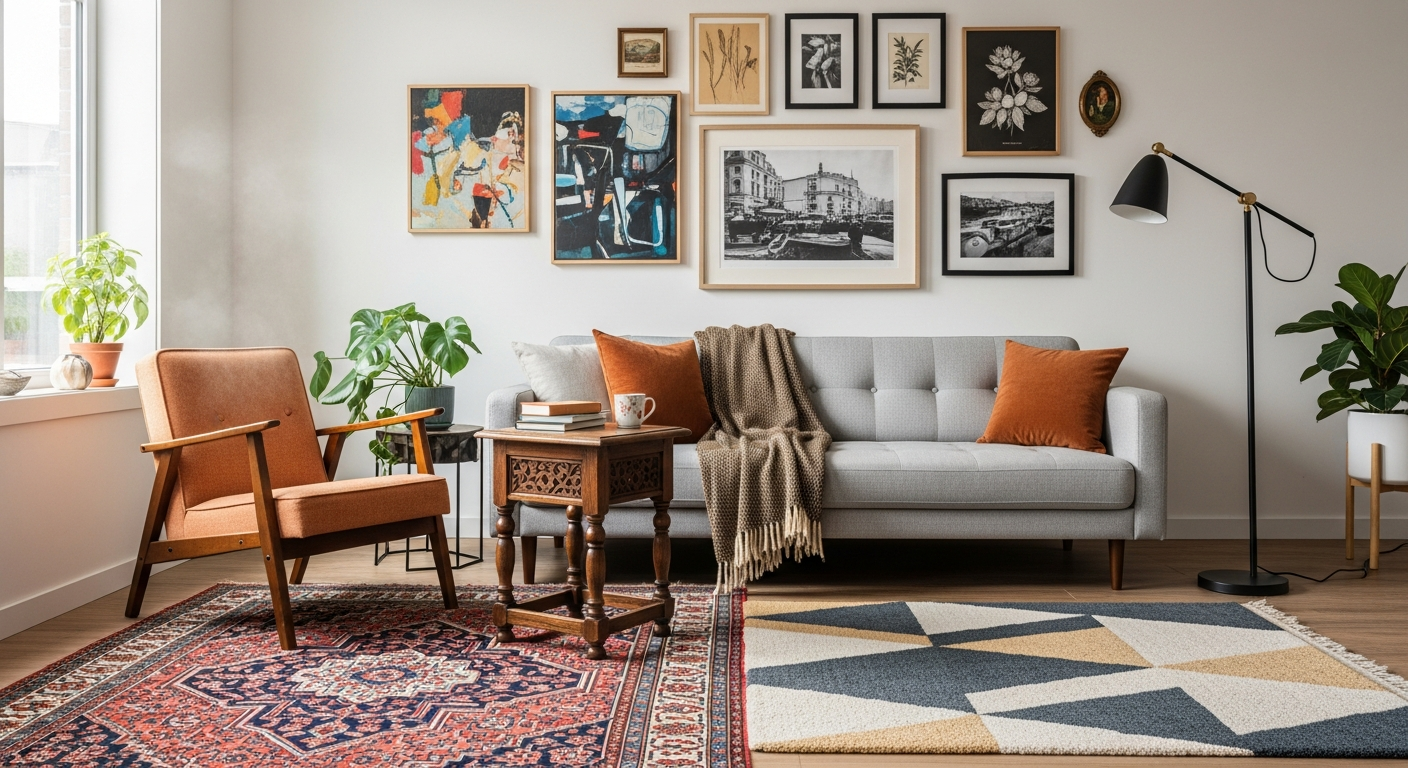 Eclectic living room blending vintage and modern furniture pieces for a collected-over-time aesthetic