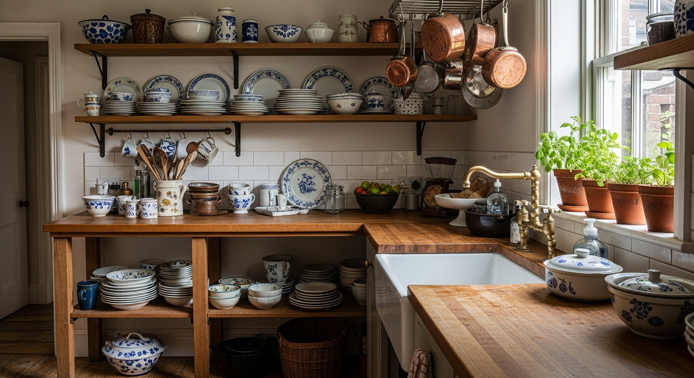 Kitchen with open shelving displaying mismatched vintage dishware, worn wood surfaces, and collected elements creating an authentic lived-in feel