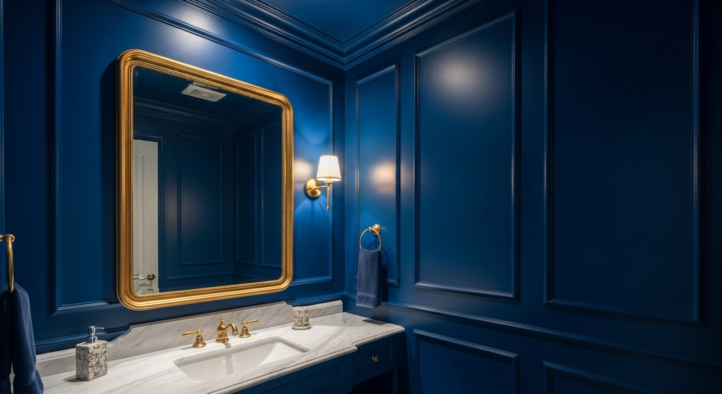 Sophisticated powder room color drenched in deep blue with gold accents and marble surfaces