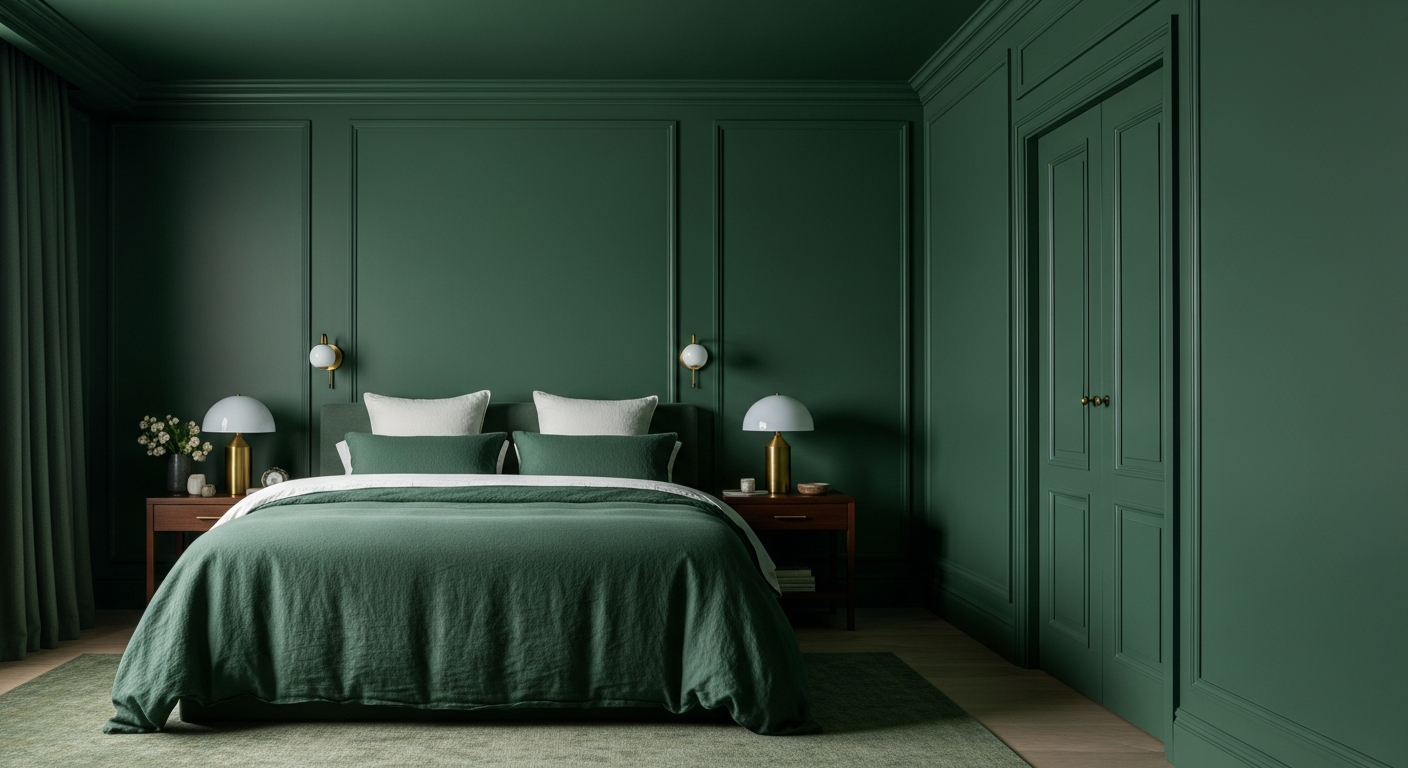 Bedroom color drenched in deep forest green with matching walls, ceiling, and trim in varying sheens