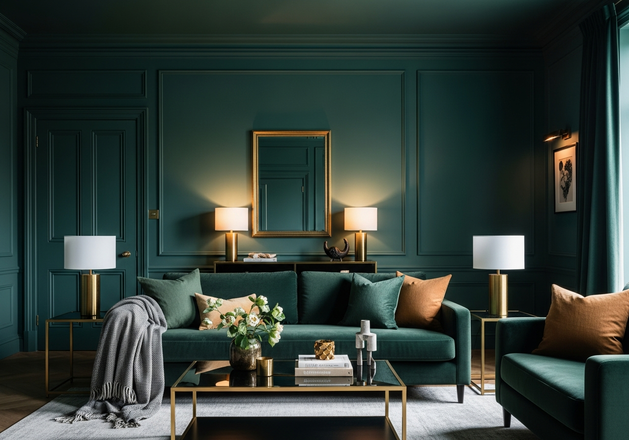 Color-drenched living room in deep teal green with matching ceiling, trim, and velvet furnishings