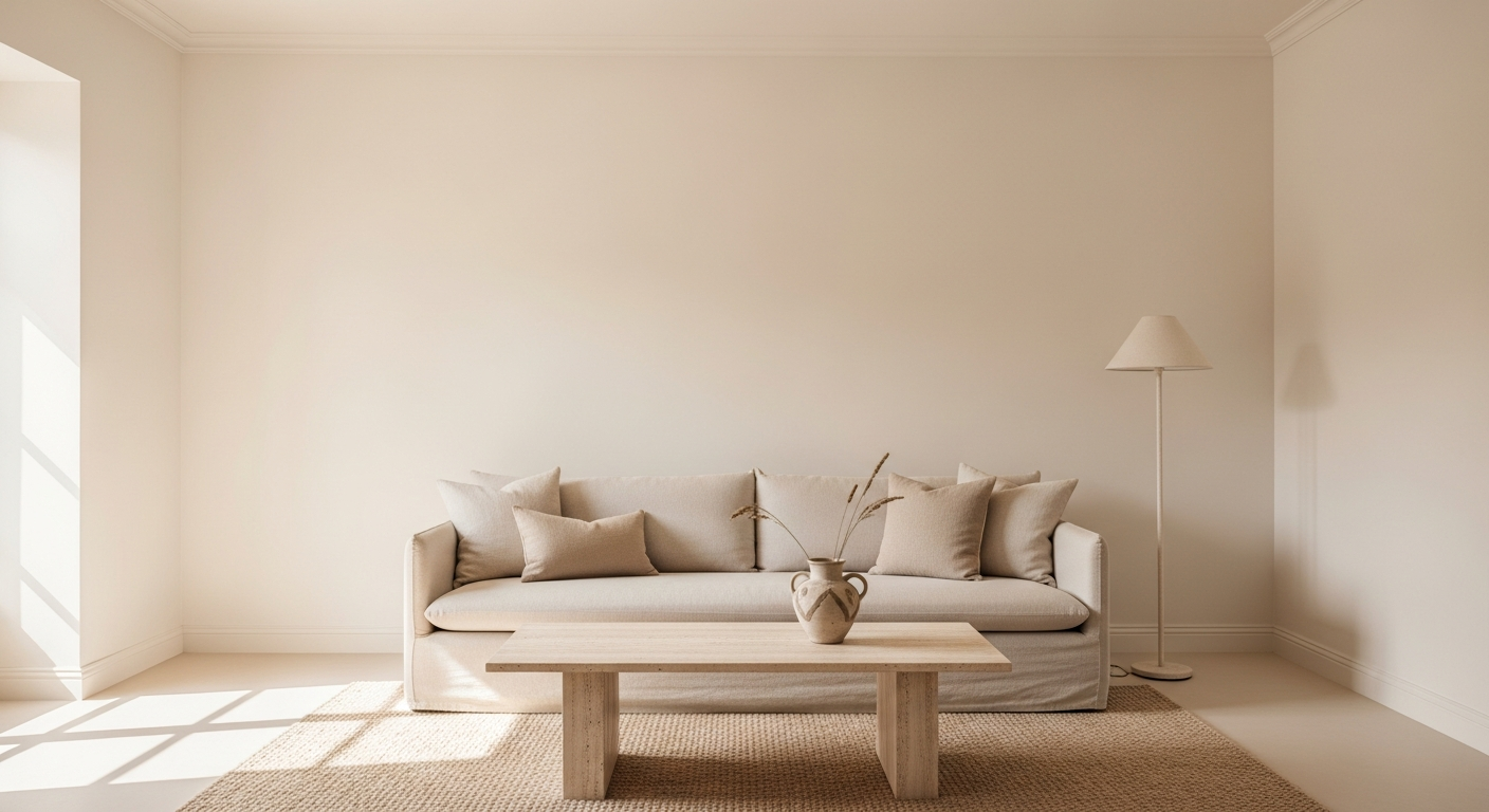 Serene room color drenched in warm cream and ivory tones with natural textures creating subtle depth
