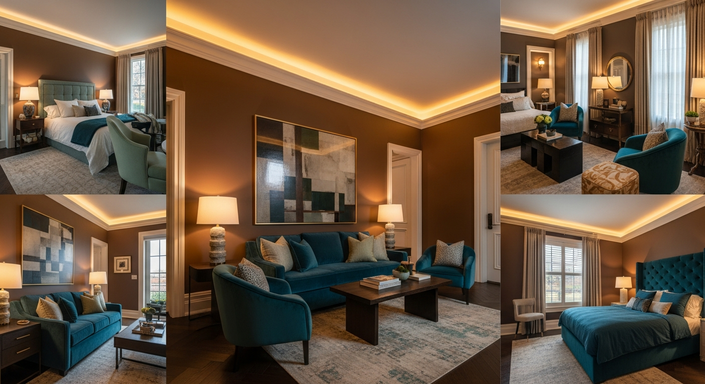 2026 interior design color trends featuring burnt umber walls, sage green accents, and teal furnishings