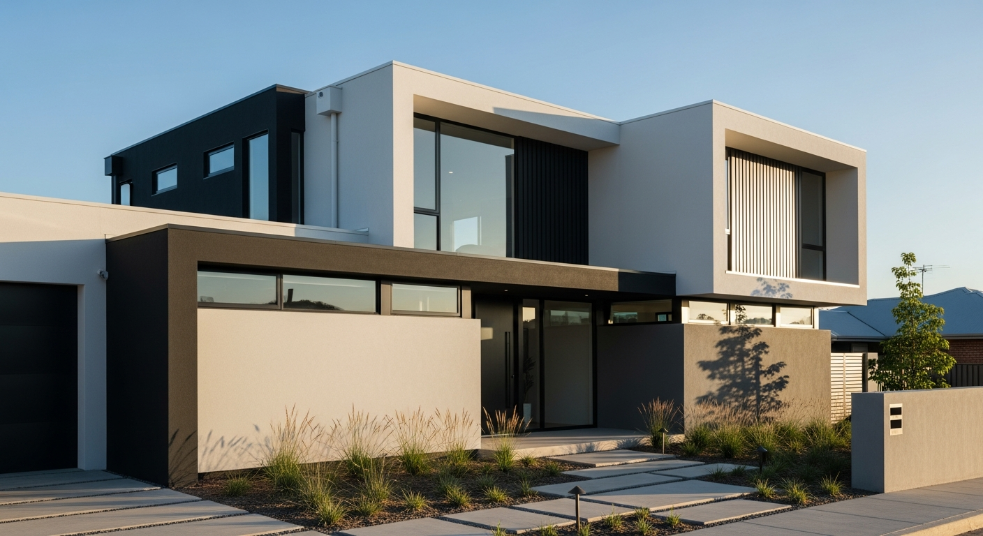 Dark contemporary home with contrasting white trim showing modern color scheme