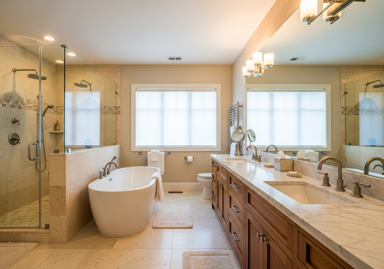 Luxury large master bathroom with freestanding tub, walk-in shower, and dual vanity