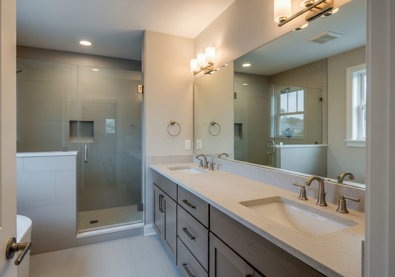 Medium renovated bathroom with double vanity, walk-in shower, and modern finishes