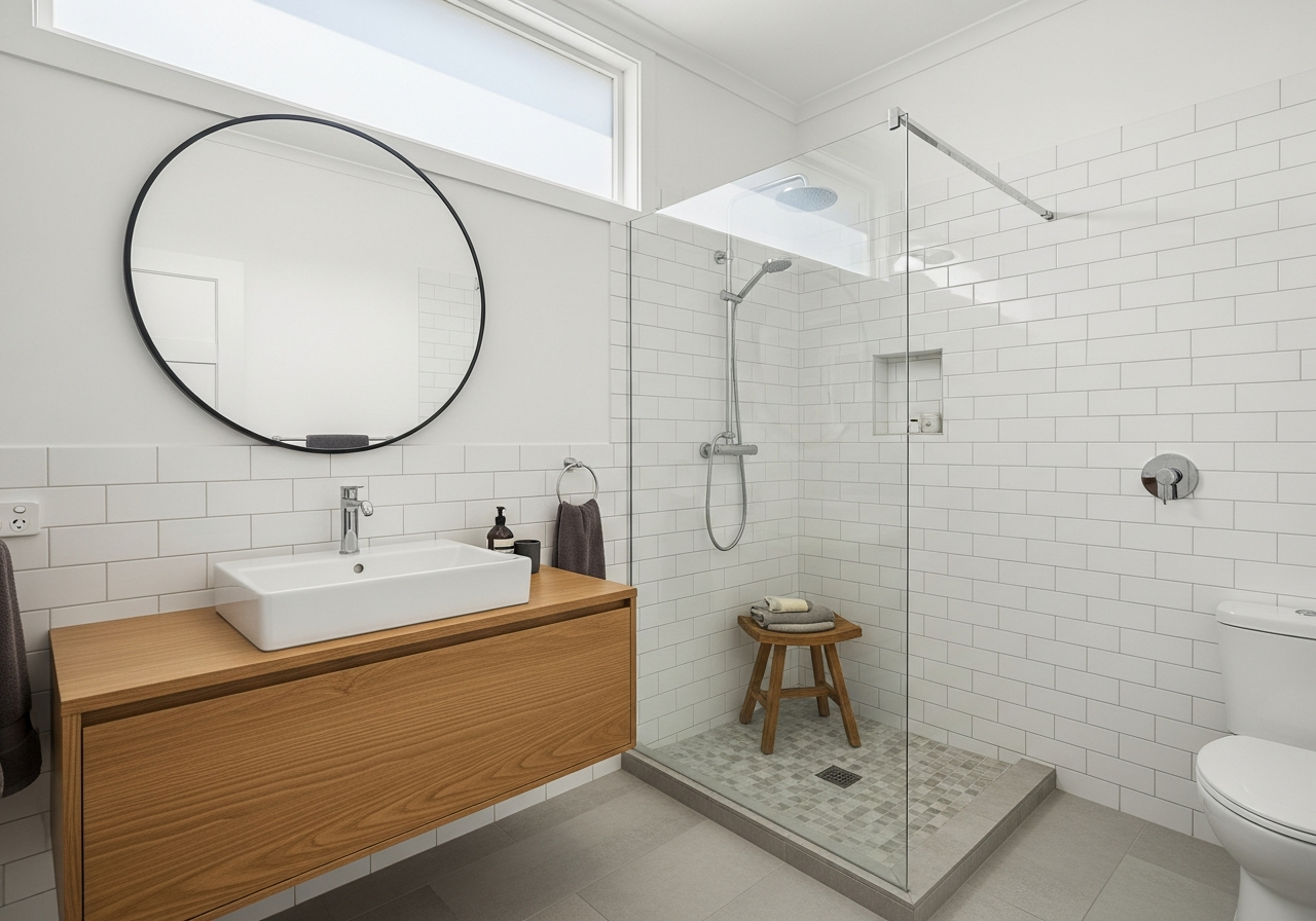 Renovated small bathroom showing efficient use of space with modern fixtures and floating vanity