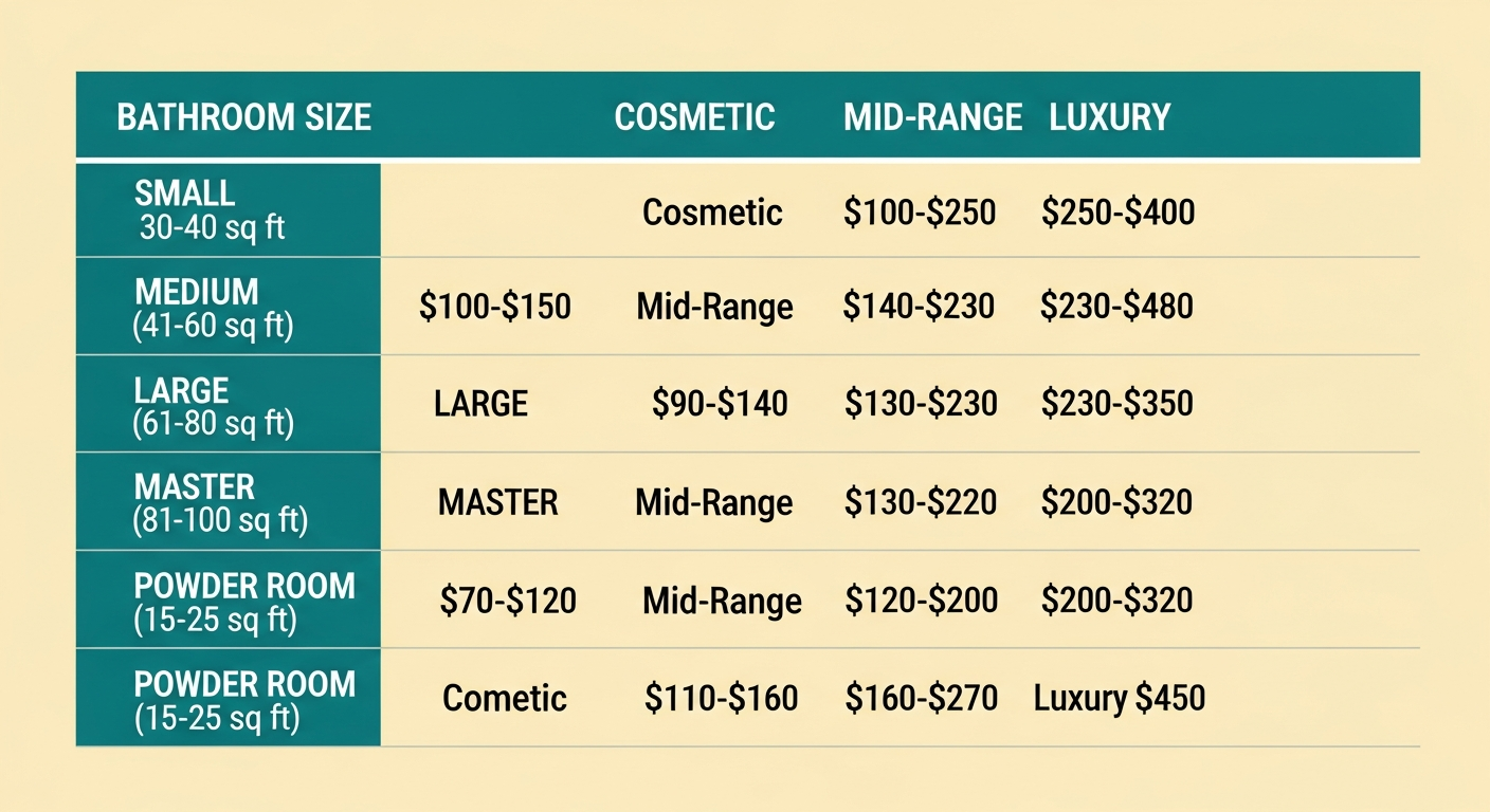 Comprehensive cost per square foot comparison table for bathroom remodels across all size tiers