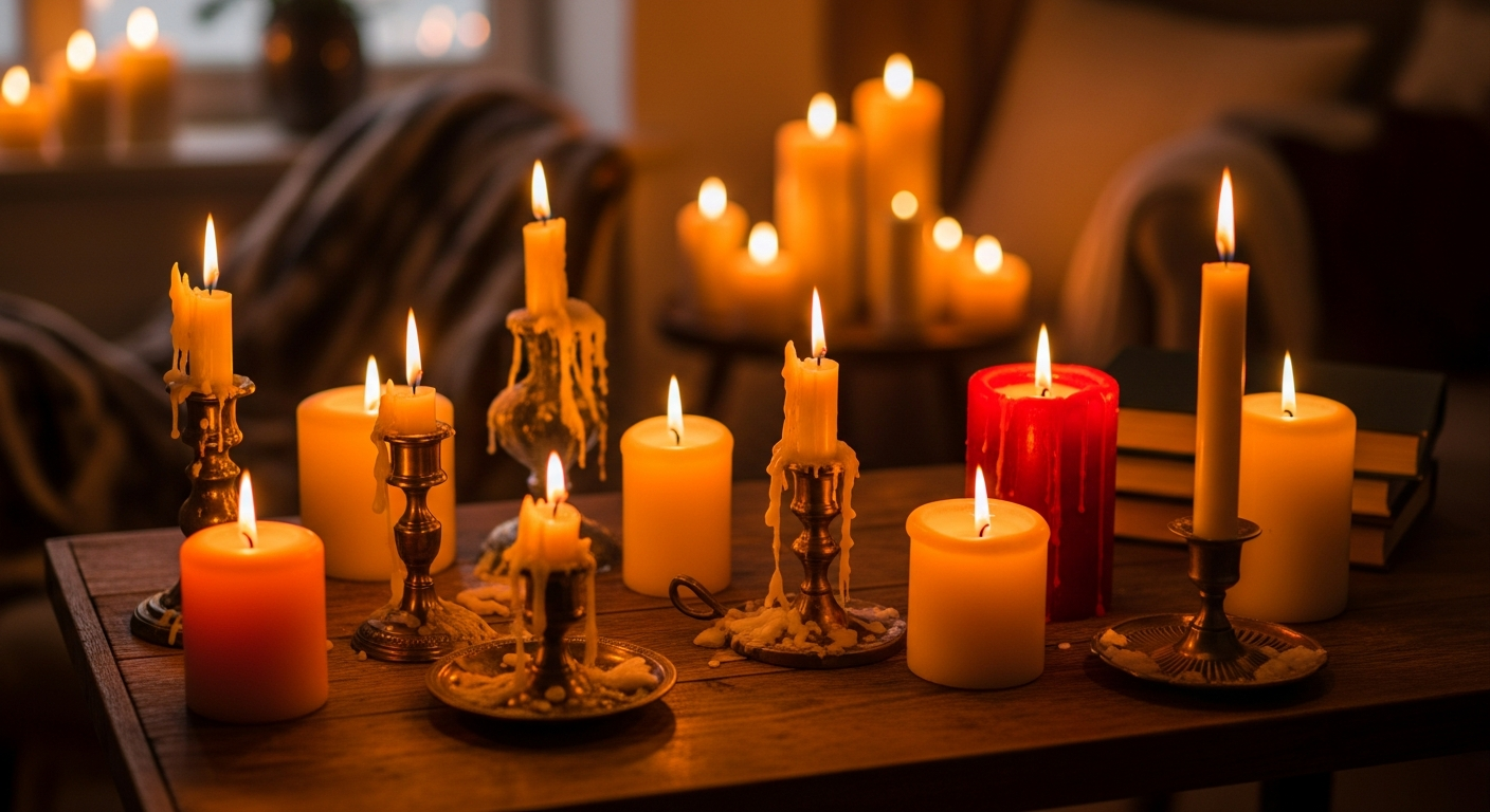 Cozy living room corner with warm lamp light and candles