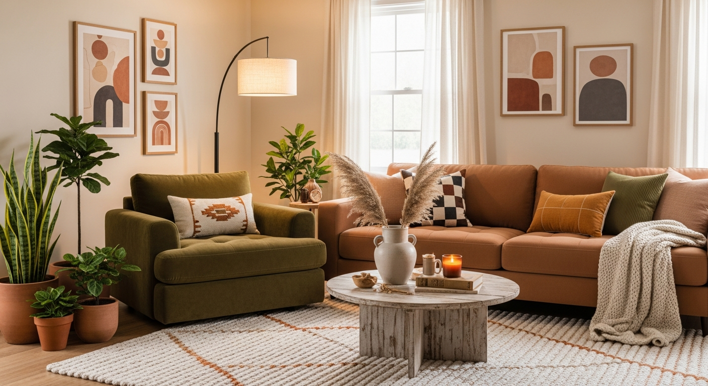 Living room with warm terracotta and cream color palette