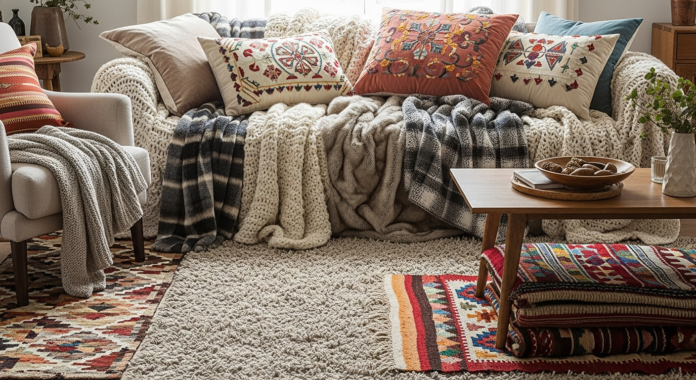 Cozy living room with layered throw blankets and pillows