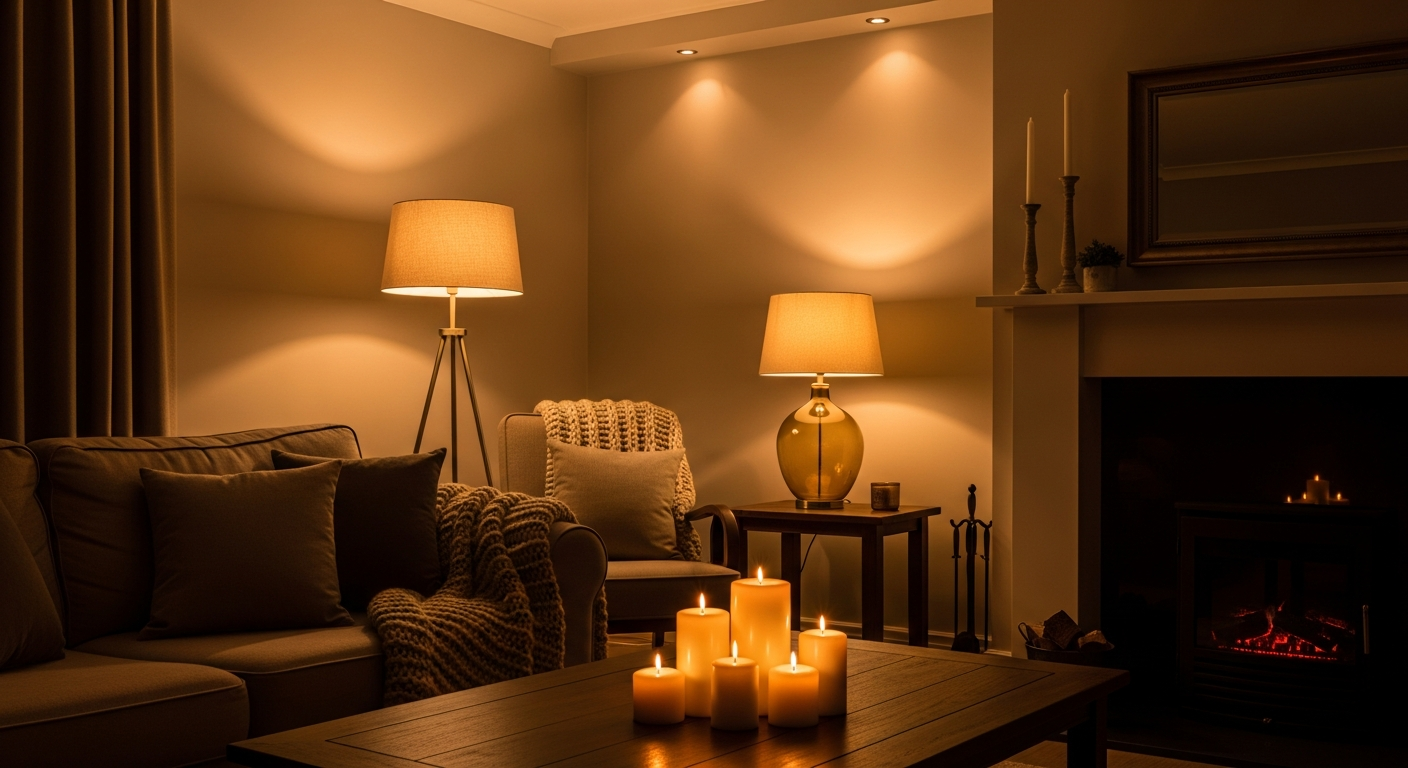 Warm lighting and natural materials in cozy reading nook