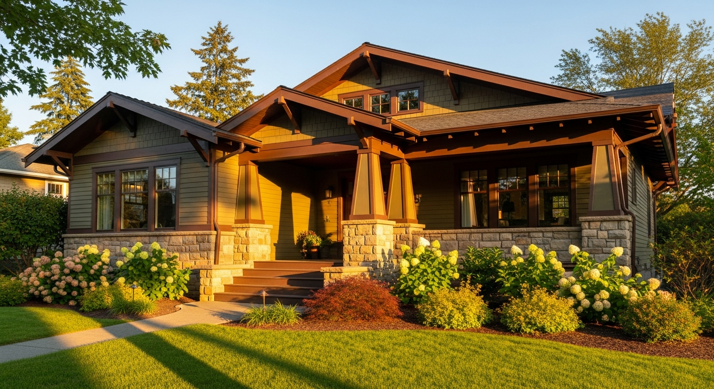 Craftsman bungalow with earthy multi-color scheme showing body trim and accent coordination