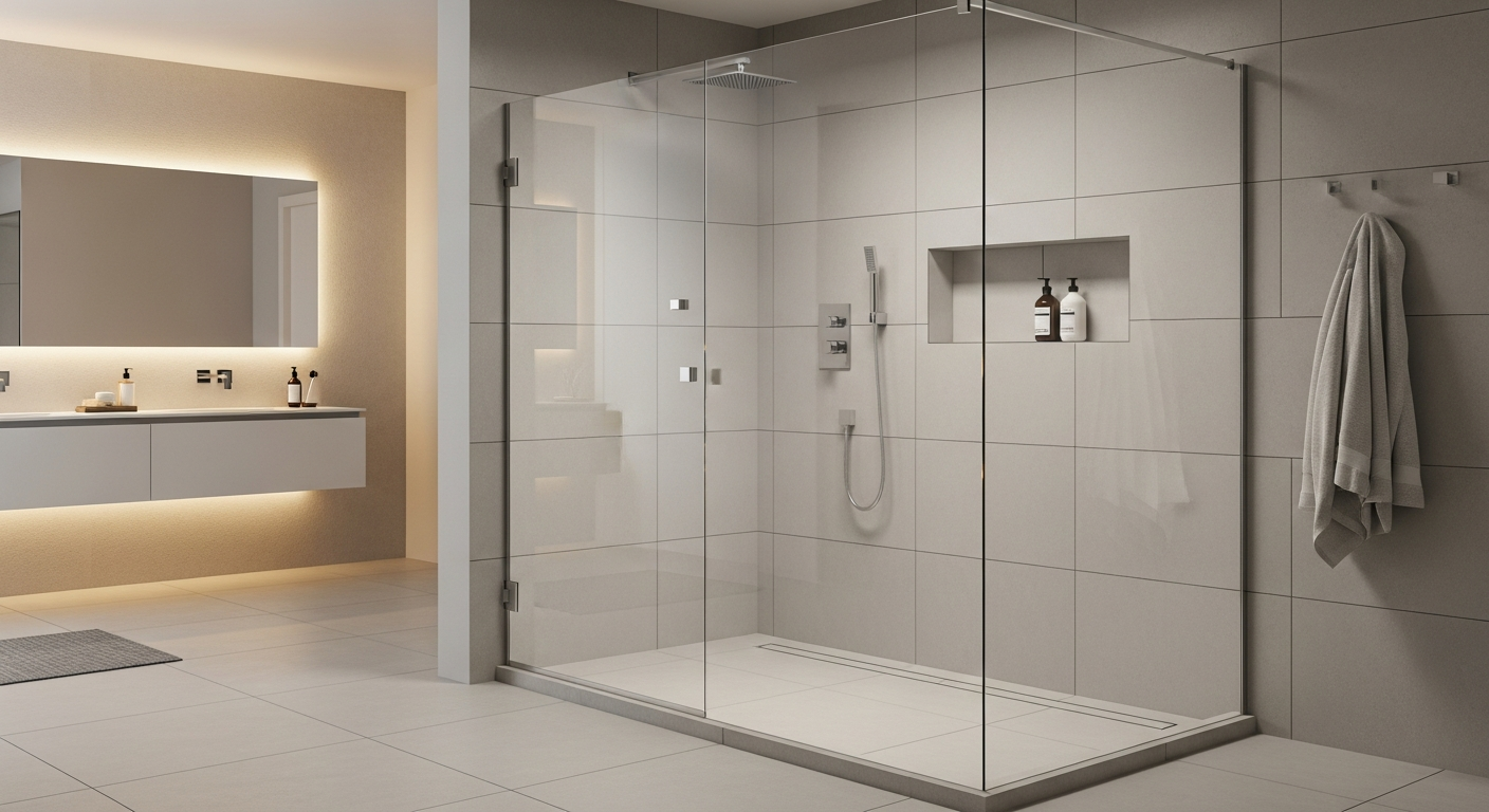 Curbless walk-in shower with linear drain and continuous flooring