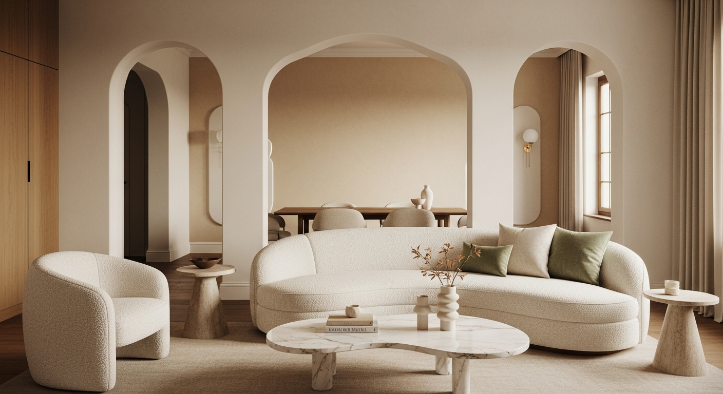 Living room with curved sofa and arched openings showcasing the rounded furniture trend for 2026
