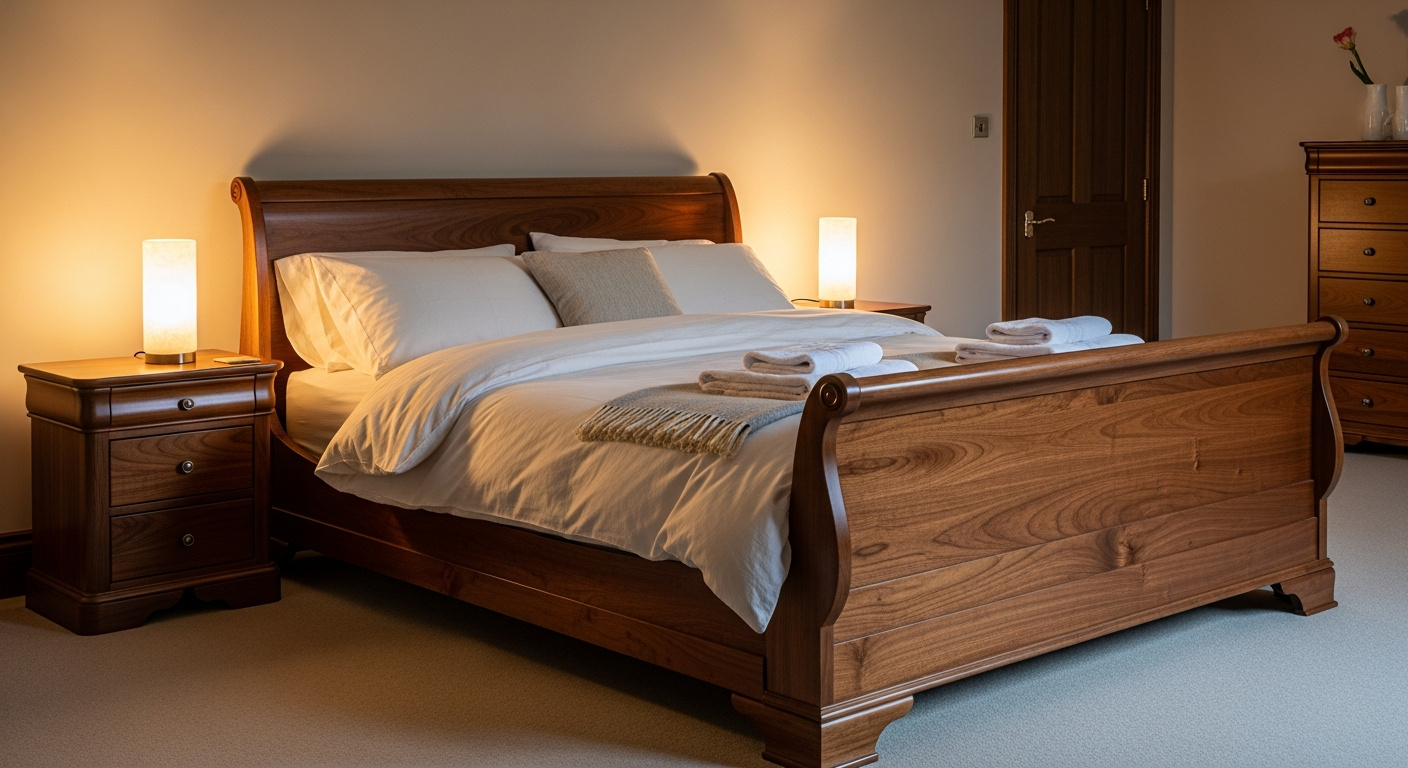 Luxurious bedroom with dark mahogany sleigh bed, walnut nightstands, and cream linen bedding