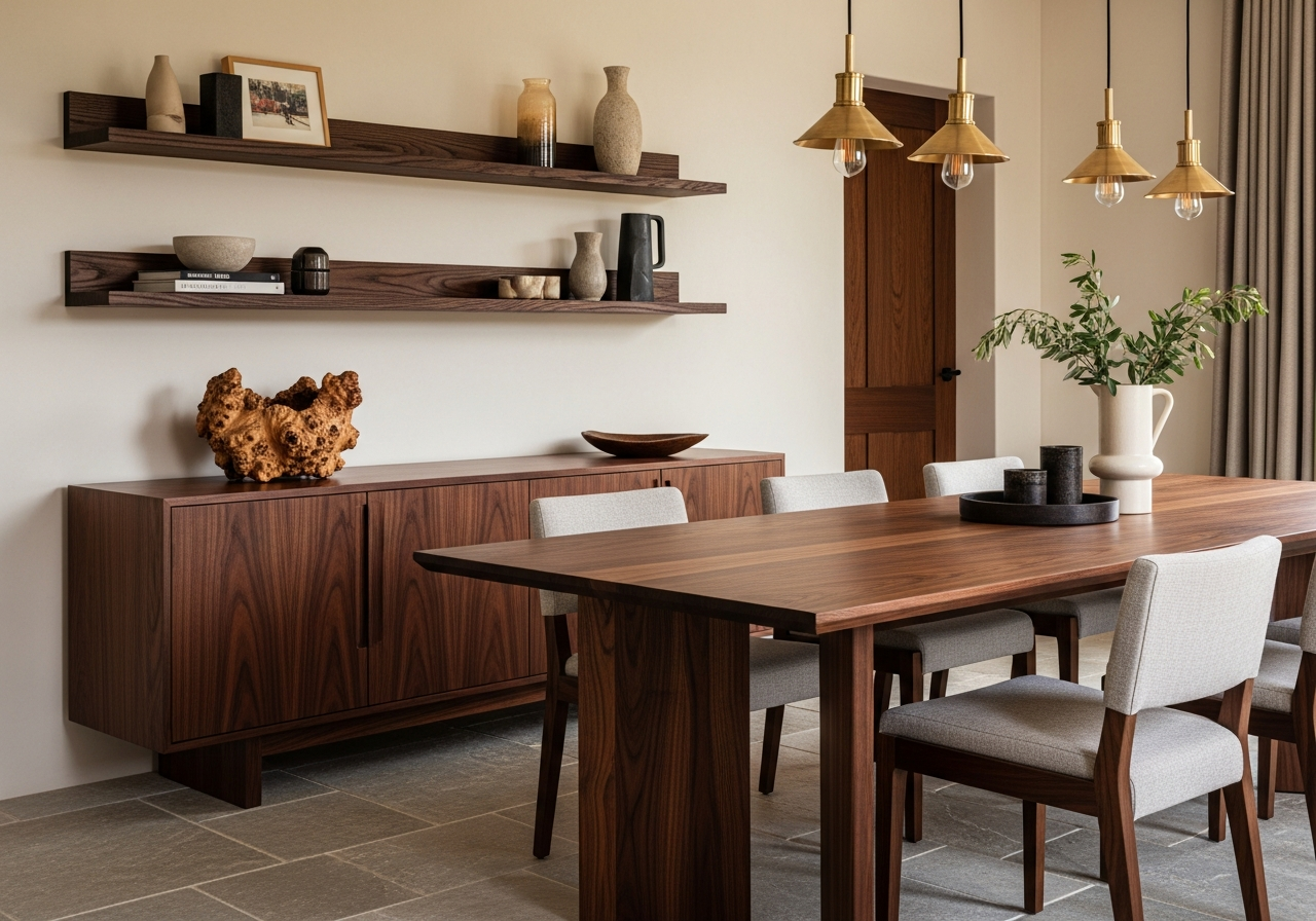 Modern dining room with rich walnut table, mahogany sideboard, and burl wood accents paired with brass lighting