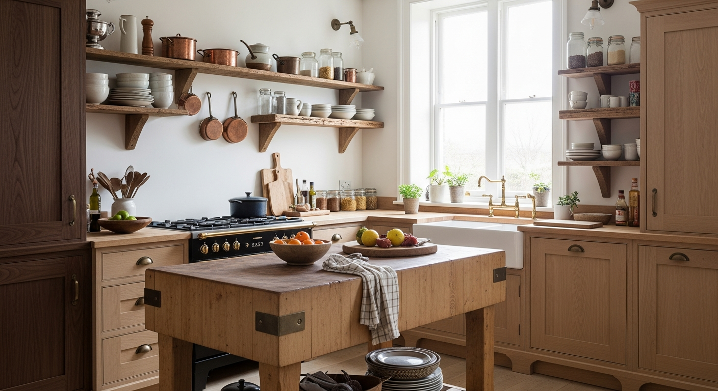 Unfitted natural wood kitchen with dark walnut cabinet pieces, butcher block island, and reclaimed timber shelving