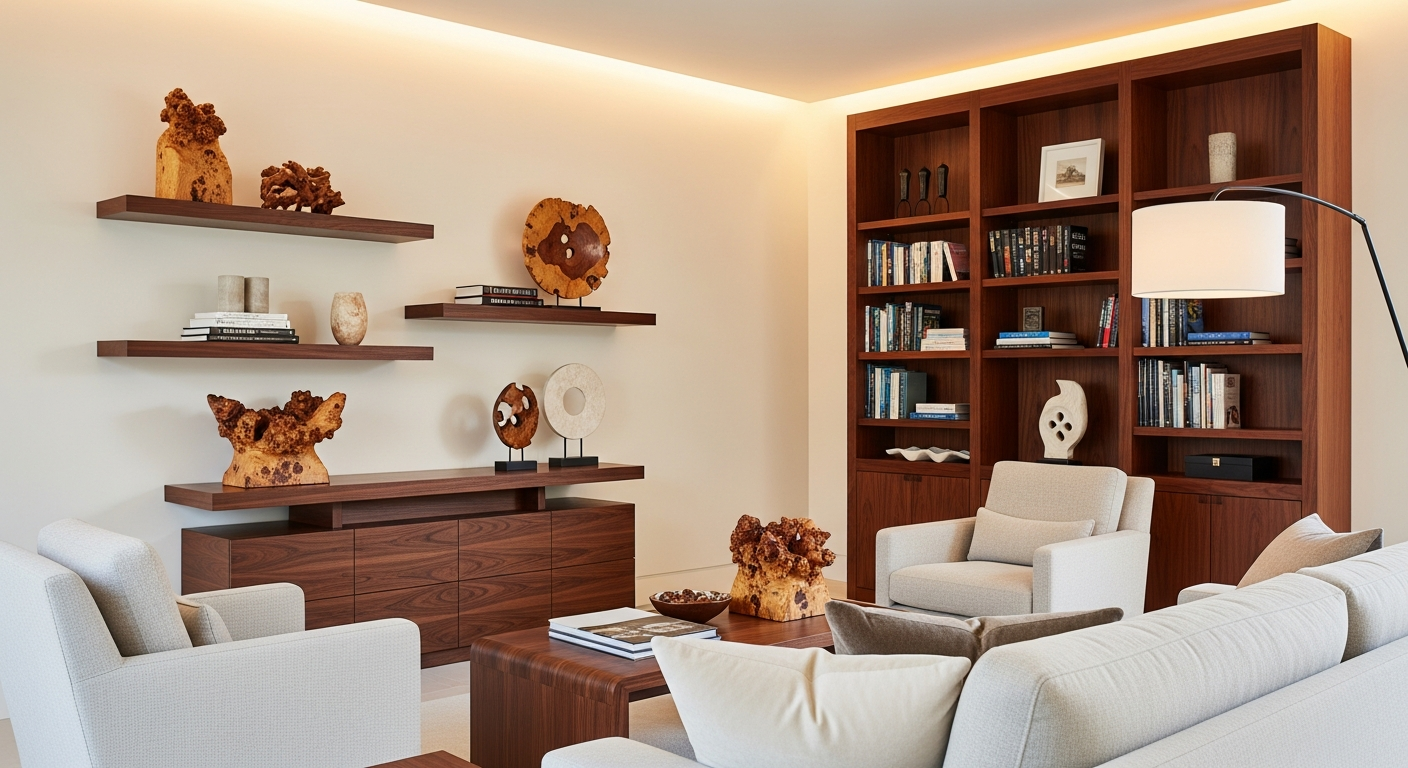 Dark walnut wood console and shelving creating warmth and sophistication in a modern living room