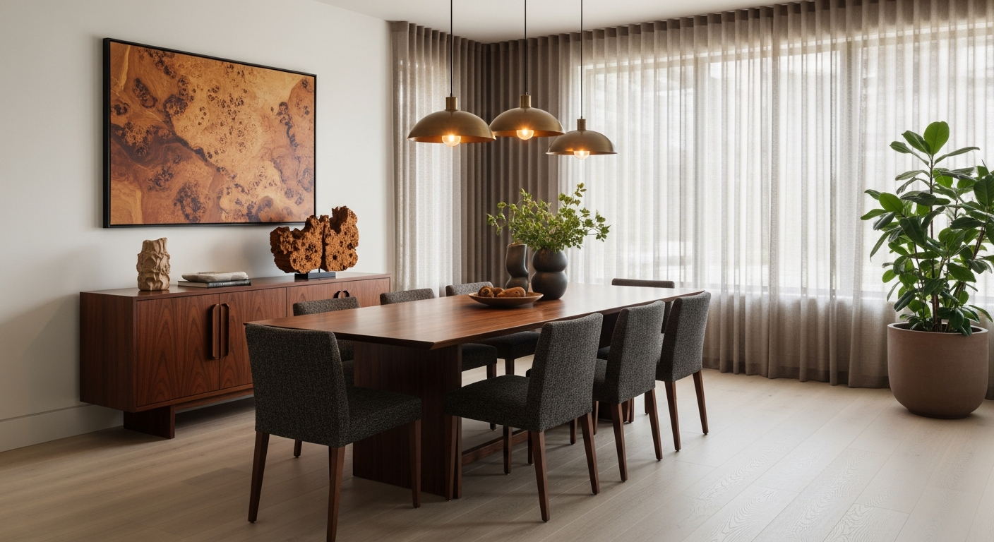Modern dining room with dark walnut table, mahogany sideboard, and burl wood accents with brass lighting