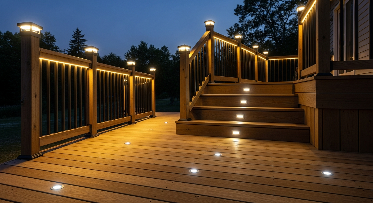 Different types of deck lighting including post caps and step lights
