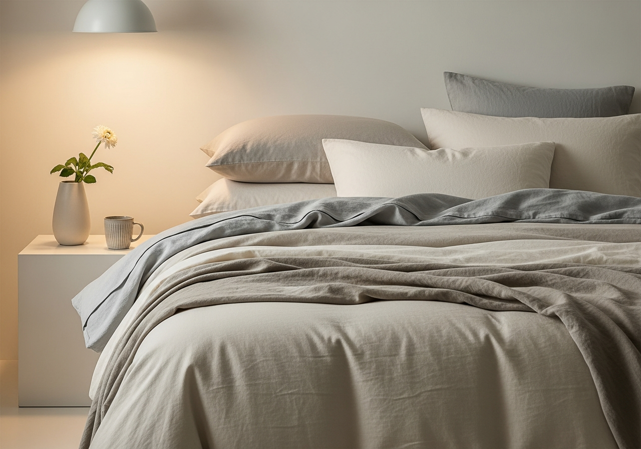 Serene bedroom with layered neutral bedding, soft lighting, and minimal nightstand styling