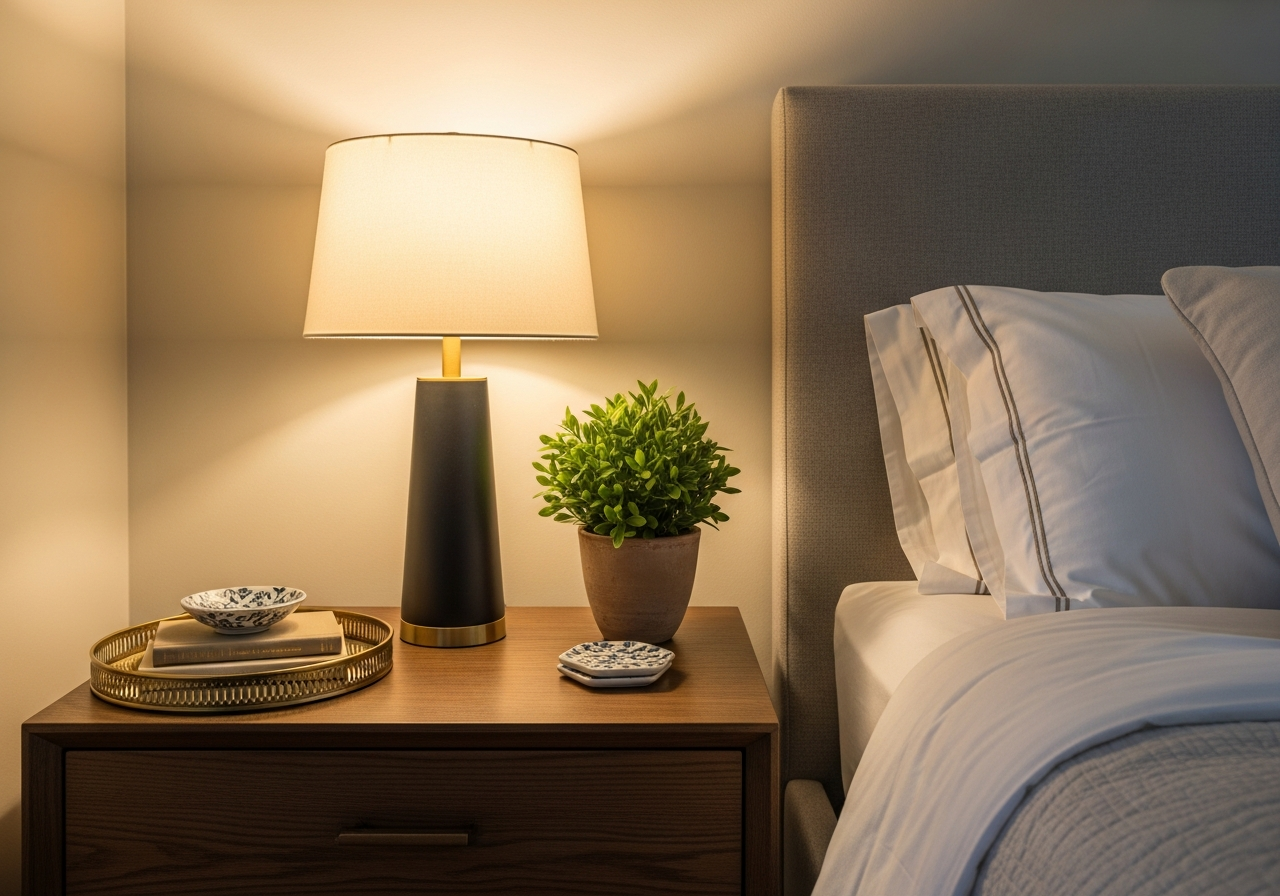 Styled nightstand with table lamp, small plant, and decorative tray beside a made bed