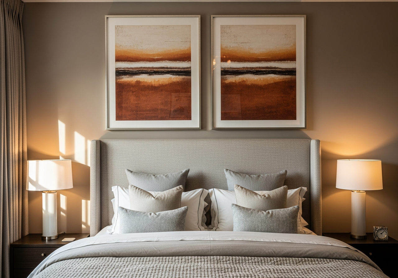 Bedroom focal wall with upholstered headboard and symmetrical framed artwork above