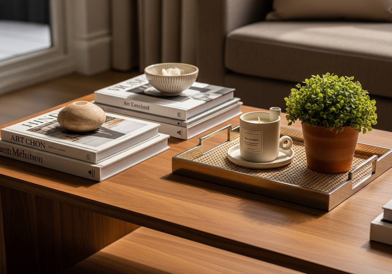Styled rectangular coffee table with books, tray, candle, and small plant in balanced arrangement