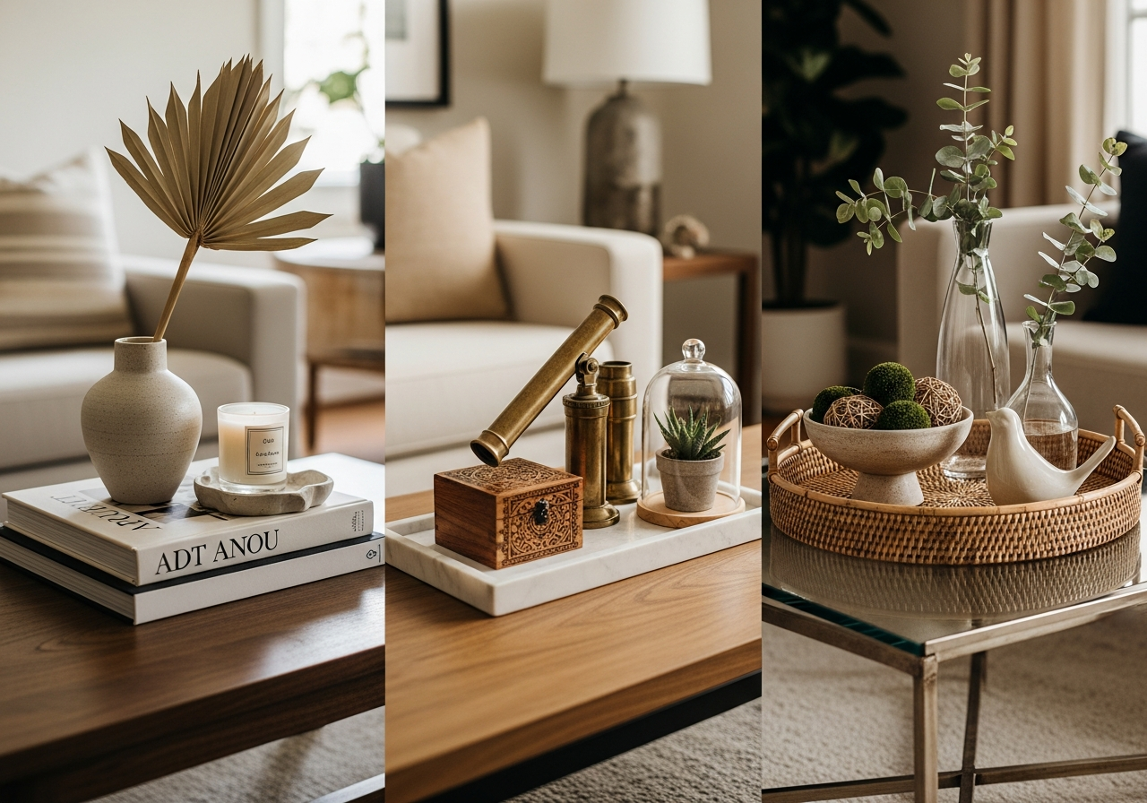 Three different coffee table arrangements showing the rule of threes with varied heights