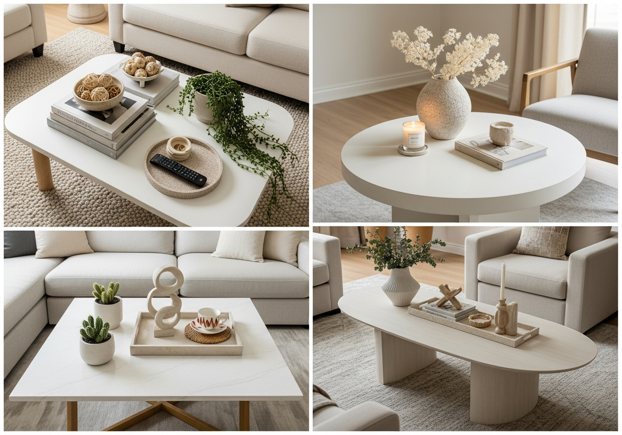 Four different coffee table shapes showing optimal styling arrangements for each