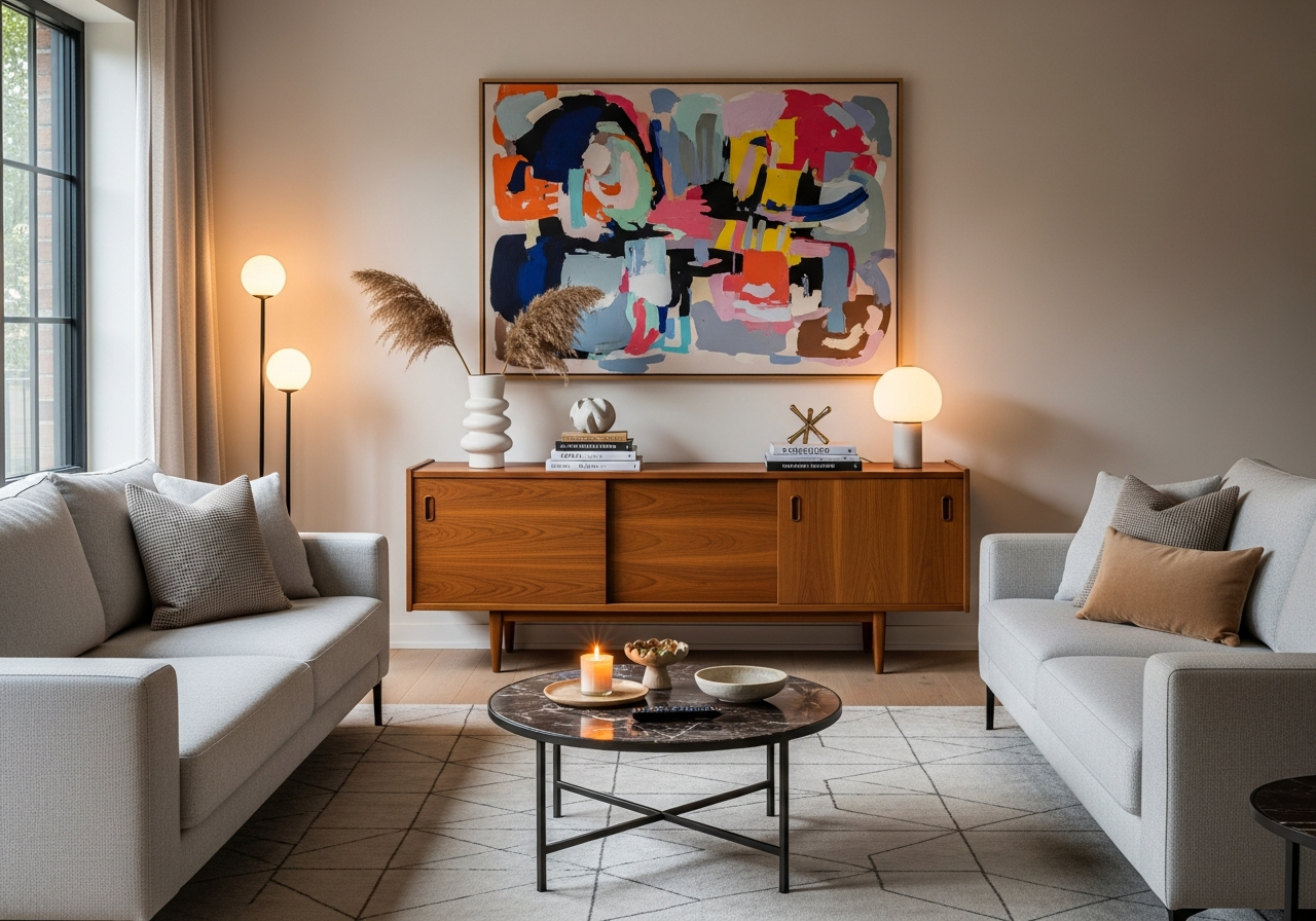 Living room blending a mid-century modern sideboard with contemporary sofa and abstract art