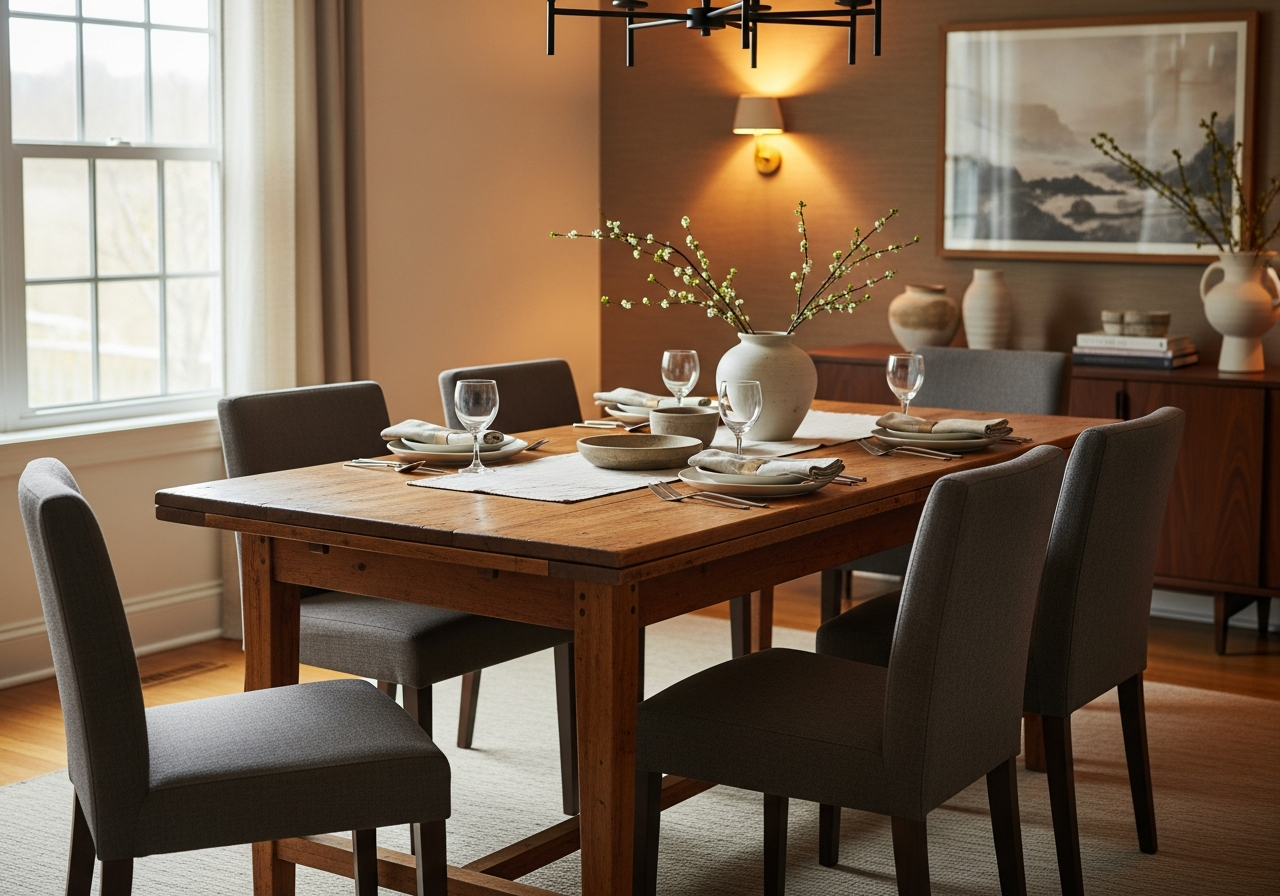 Dining room with vintage wooden table paired with modern upholstered chairs in matching scale