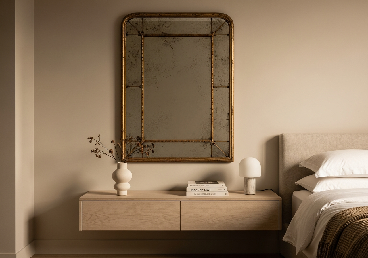 Bedroom showing intentional juxtaposition of ornate vintage mirror above minimalist floating nightstand